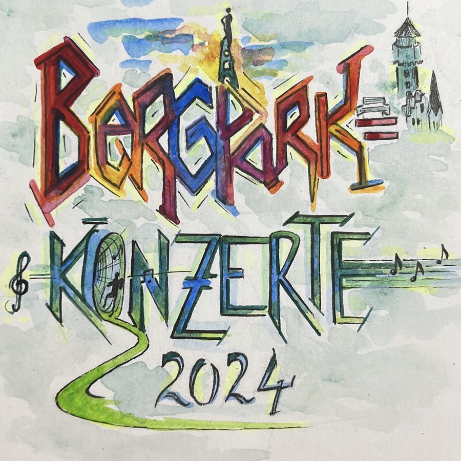 Aquarell-Lettering „Bergpark Konzerte 2024" mit Stadtsilhouette